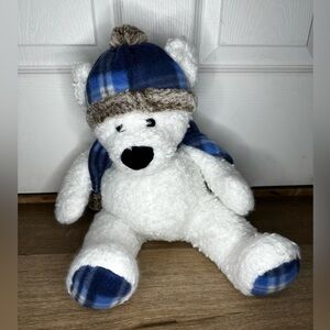 Gentle Treasures 18" White Polar Teddy Bear w Blue Plaid Scarf & Hat Plush